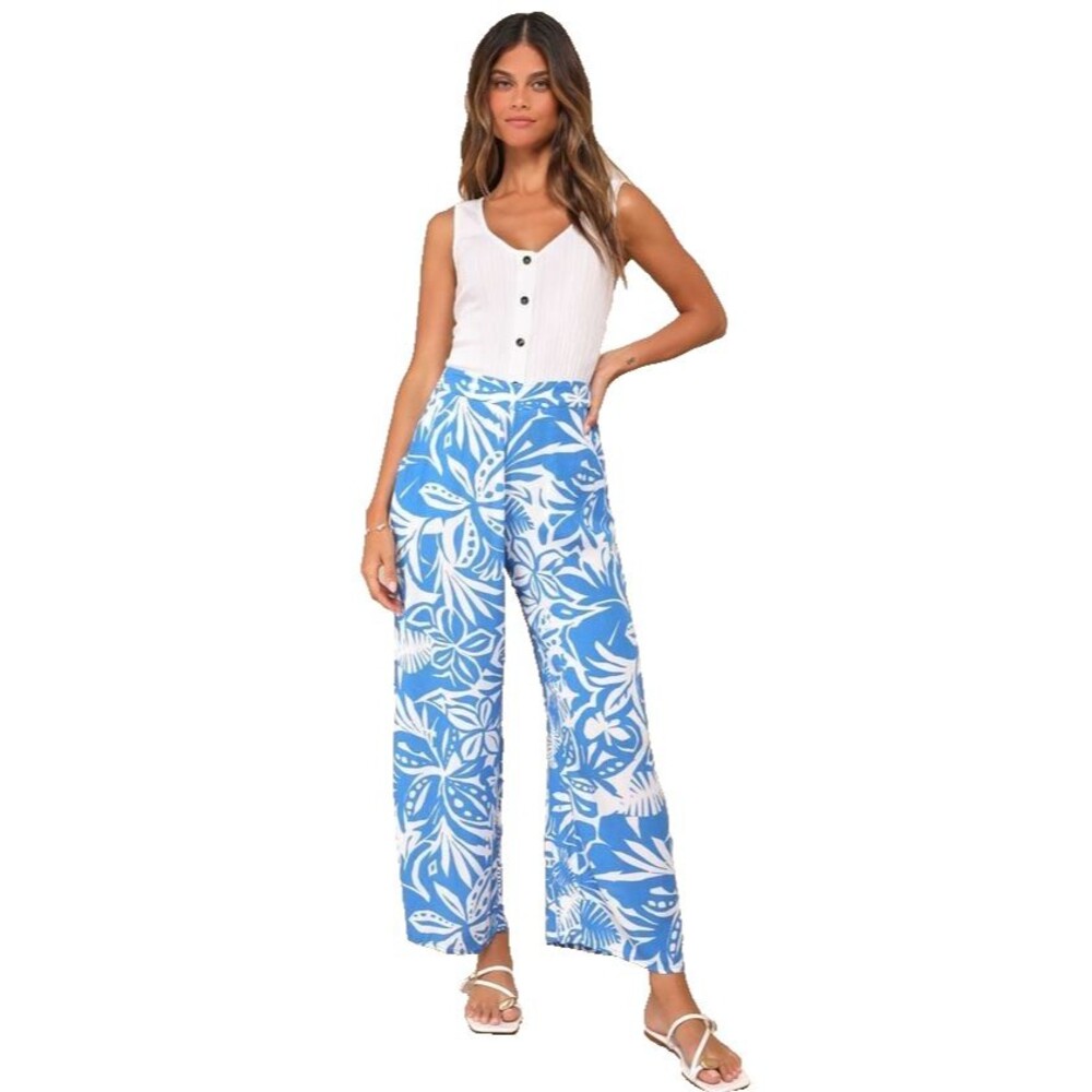 Roxy Blue Floral Tropical Print Wide‑Leg Pants Women’s Large NWT Tropical